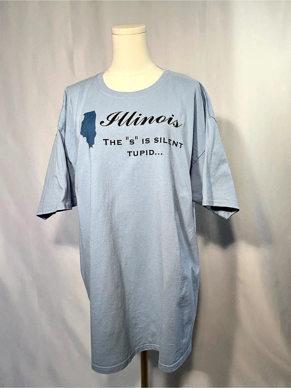 Hanes Illinois The S Is Silent Tupid Graphic Tee Light Blue Unisex 2XL Humor